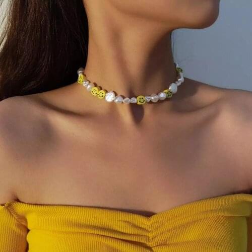 Korean irregular Baroque Pearl Choker Necklace For Women Cute Sweet Girls Necklace Smile Face Beads Necklace Jewelry