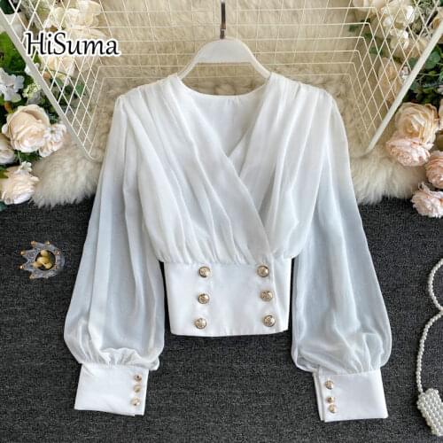 2020 autumn new female V-neck lantern sleeve double breasted slim chiffon shirt womens solid lace-up blouse women shirts top
