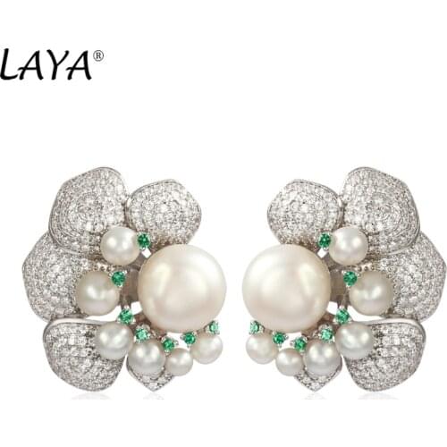 Laya 925 Sterling Silver Fashion Personality Design High Quality Zircon Green Nano Natural Pearl Earrings For Women Fine Jewelry