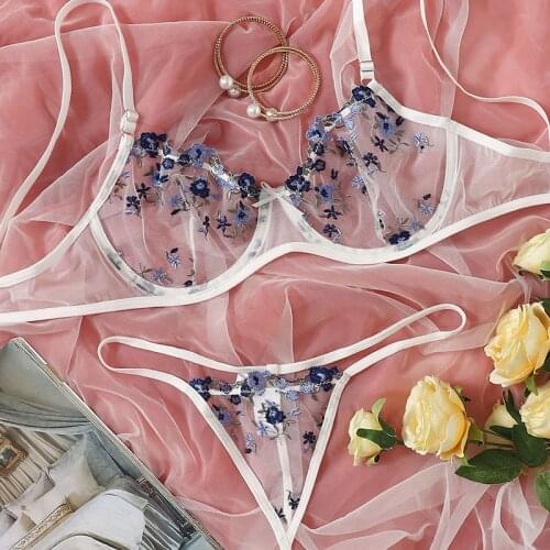 2-Piece Floral Bra Set Women Transparent Bra Underwire + Thong Underwear Set Ladies Sexy Lingerie Set