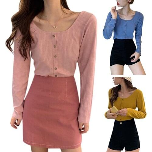 Autumn Winter Women Sweater Solid Color Slim Stripes Print Long Sleeve Square Collar Slim Casual Sweaters