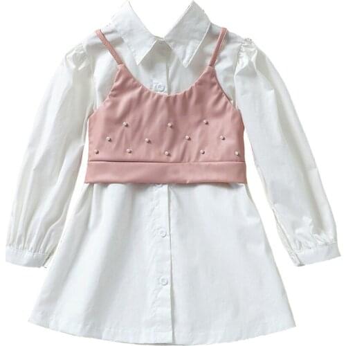 2-7Y Fashion Kids Girls Autumn Dress 2pcs Solid Long Sleeve Single Breasted Shirts Dress+Pearl Leather Vest