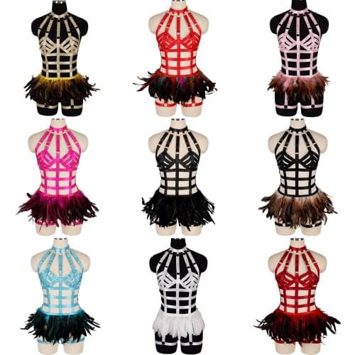 Feather Goth Womens Underwear Sexy Lingerie Punk Strap Waist Body Harness Dance Festival Party Club Wear Harness Fashion Bra