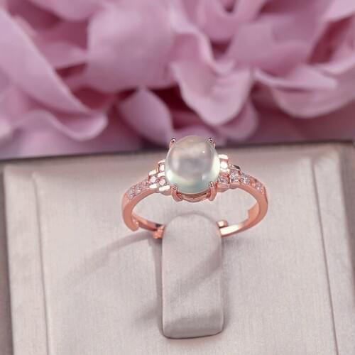 Natural Gemstone Rings For Women Oval Fine Jewelry S925 Silver 8*7mm Prehnite Green 18K Rose Gold Plated Adjustable Ring R-PR003