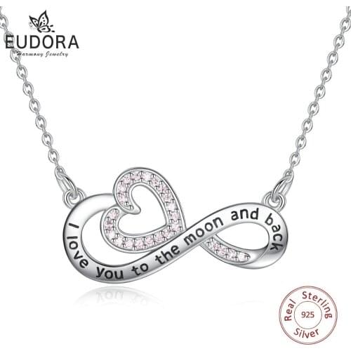 EUDORA 100% 925 Sterling Silver Pink CZ & Infinite Love Double Heart Pendant Necklaces Lettering Charm Women Fine Jewelry D338