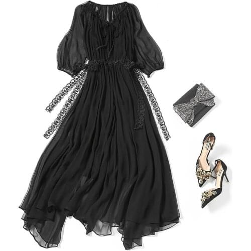 100% Silk Dress Women Summer 2021 Elegant Black Dress Female Short Sleeve Ladies Dresses Korean Fashion Vestido De Mujer Pph4310