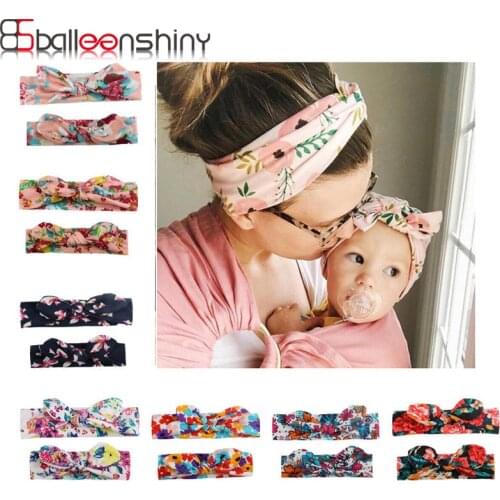 BalleenShiny 2 Pcs Mom&Child Headband Flowers Bowknots Head Accessories Toddler Kids Soft Elastic Headwear Family Photo Props
