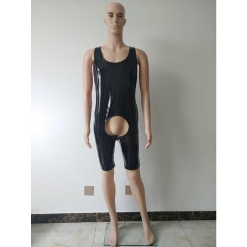 Black Mens pvc faux Leather One-piece Sleeveless Front Zipper Crotchless Singlet Boxer Briefs Leotard Open Legs Bodysuit