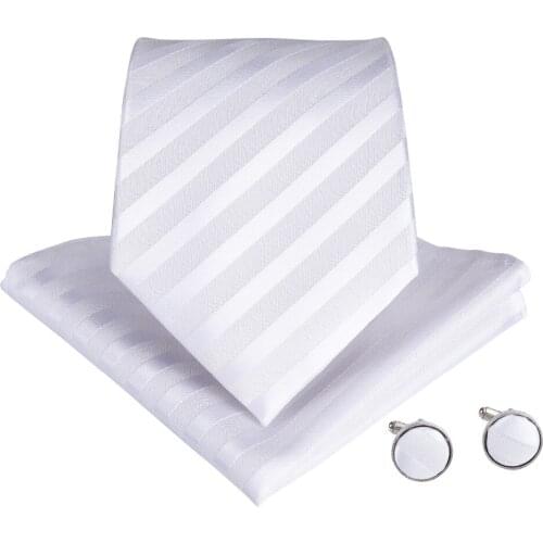 DiBanGu 2019 Arrival White Mens Tie Striped Tie With Hanky Cufflinks Neckties For Men Wedding Party Business Tie Set SJT-7005
