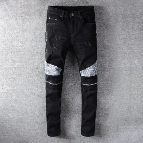 Fashion Streetwear Men Jeans High Quality Slim Fit Spliced Designer Ripped Jeans Men Hip Hop Pants Patchwork Biker Jeans Homme