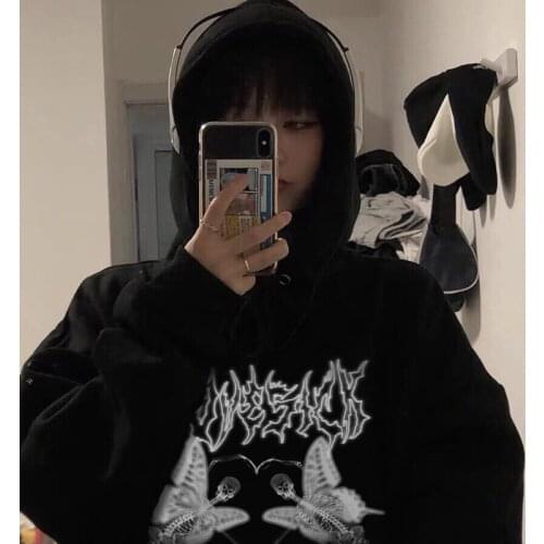 Art Skeleton Butterfly Picture Female Pullover Tops Hip Hop Punk Streetwear Goth Harajuku Casual Loose Hoodie Sweatshirt Hooded