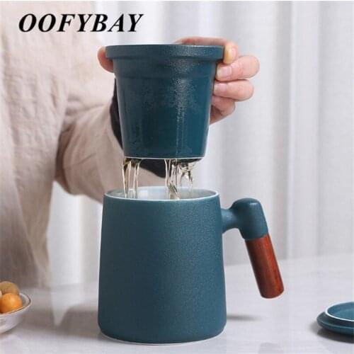 Japanese Style Ceramic Wooden Handle Tea Water Separation Cup Simple Tea Mug with Filter and Lid Tumbler Office Drinkware 400ML