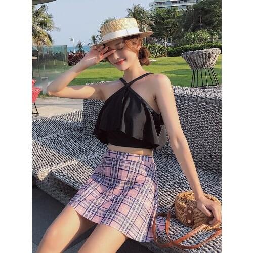 Korean Bikini Set Two Pieces Skirt Swimsuits Solid CuteOff Shoulder Tutu Top High Waist Sexy Swimwear Beach Bathing Suits