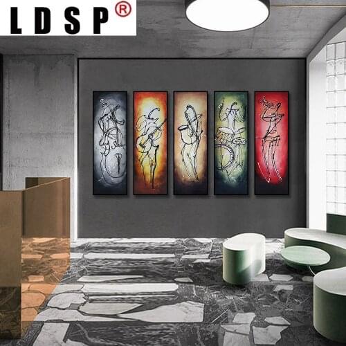 LDSP Modern Hand-Painted Oil Painting 5 Panels Abstract Orchestra Band Wall Art Canvas Painting for Living Room Home Wall Decor