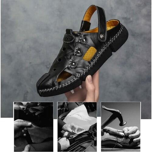 Summer New Mens Beach Shoes Casual Breathable Cow Leather Sandals Slippers