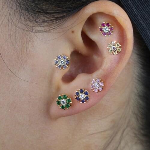Lovely rainbow colorful flower stud earring for women girl minimal 5mm multi piercing chic stud earrings gold color cute jewelry