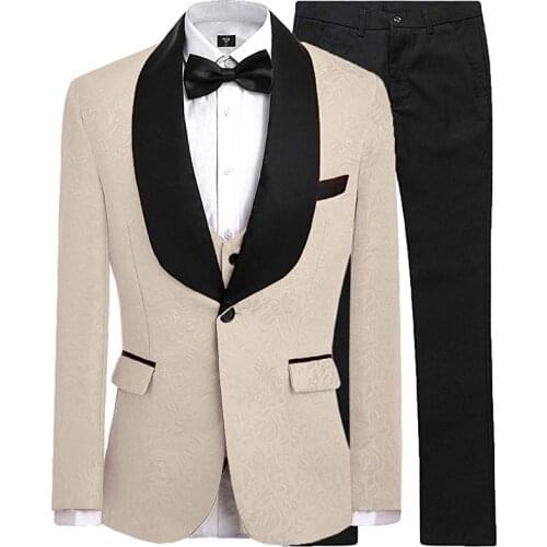 Champagne Groomsmen One Button Groom Tuxedos Shawl Black Satin Lapel Men Suits Wedding Best Man ( Jacket+Pants+Vest+Tie ) C491