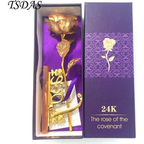 Never Fade 24k Gold Plated Rose With LOVE Base Best Gifts for Lover, 25*8cm Golden Artificial Flowers Accept Drop Shipping