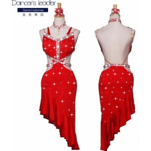 New Latin Dance Competition Costume Performance Costume Dress Red Hollow Flash Diamond Pleated Skirt Wrapped Buttocks