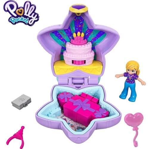 Original Polly Pocket World Tiny Pocket Places Birthday Surprise Party Compact with Reveals Accessories Mini Treasure Doll GFM53