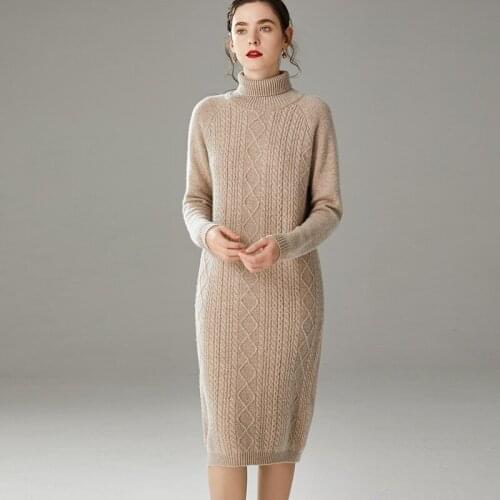 Autumn winter thickened high collar 100% pure wool cashmere sweater women sweater loose lazy over the knee long knitted dress