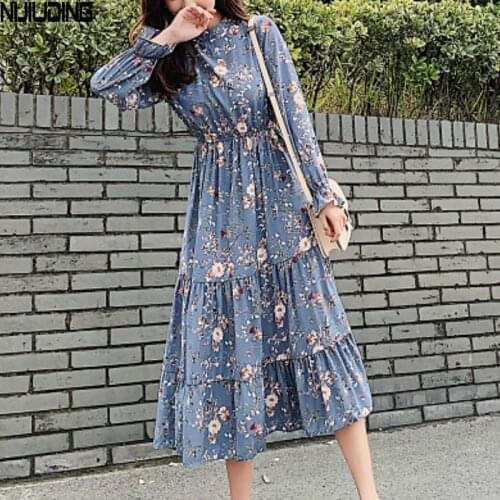 2021 New Spring Summer Autumn Women Floral Print Dresses Female Long Flare Sleeve Elastic Waist O-neck Long Dress Mujer Vestidos