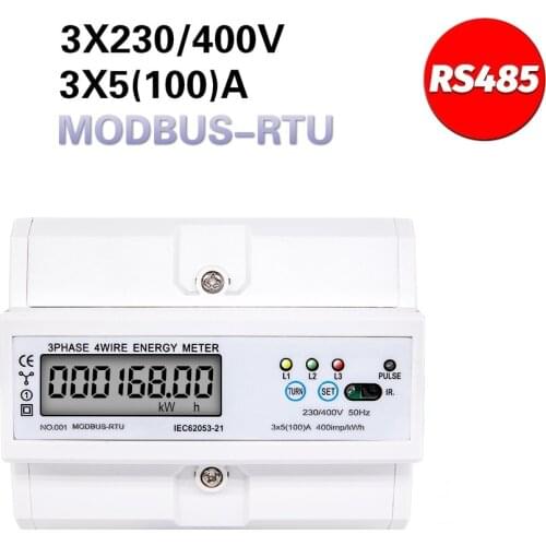 RS485 DIN Rail 3 Phase 4 Wire LCD Digital Wattmeter Electronic Power Consumption Energy Meter 5-100A 380V AC 50/60Hz Modbus Rtu