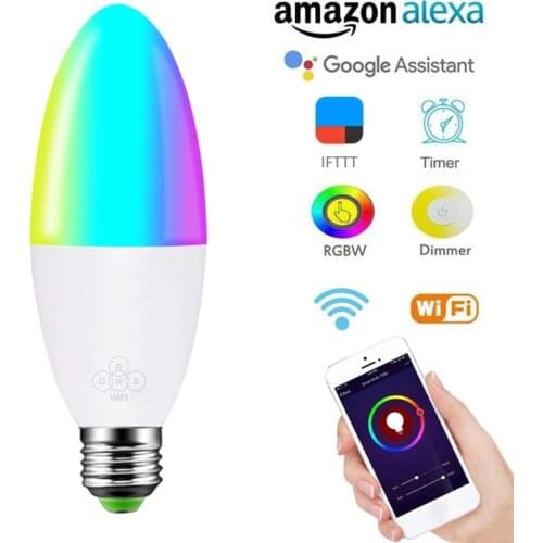 New E14/E10/E27/B22 WiFi Smart LED Light Bulbs 6W RGBW Dimmable Candle Lamp Voice Remote App Control work with Alexa Google Home