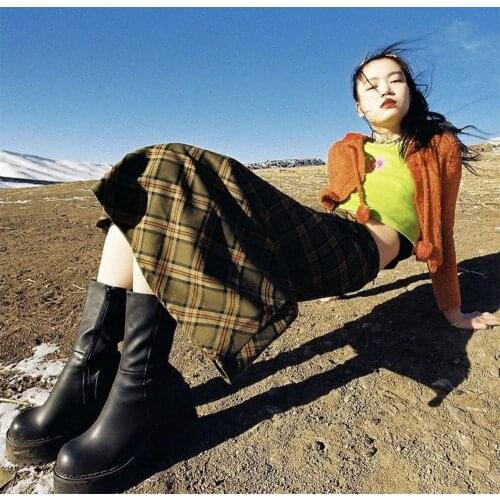 Uvrcos Retro Vintage Old School Style Green Plaid Long Skirt High Waist Mid-Calf Skirt High-Waisted Skirt Y2K Womens Skirt