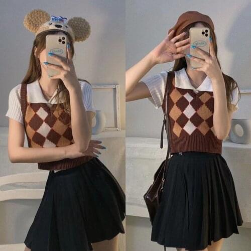 Vintage Casual Argyle y2k Sweater Vest Women V-neck Sleeveless Plaid Knitted Crop Sweaters Vintage Clothes Roupas Feminina