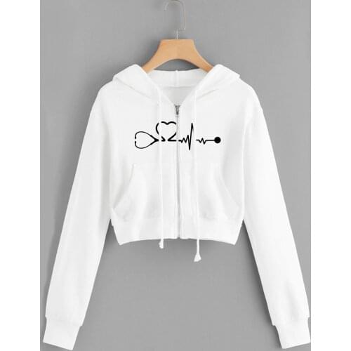 Female Heartbeat Print Long Sleeve Zipper Pocket Shirt Hooded Sweatshirt Tops Fashion New Streetwear sudaderas con capucha D911