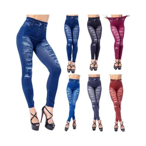 Women 2020 Imitation Distressed Denim Jeans Leggings Casual High Waist Slim Elastic Pencil Pants