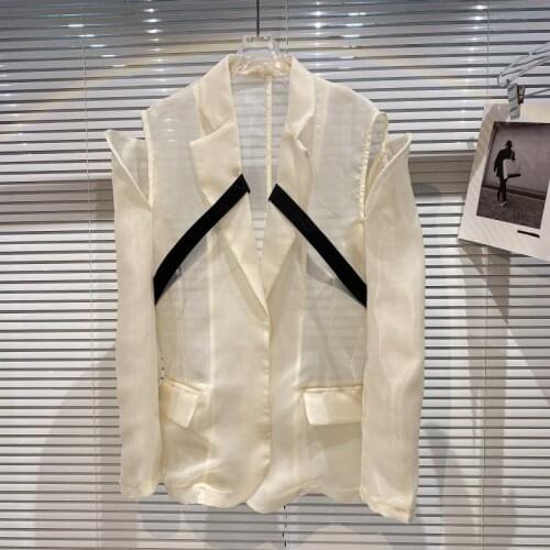 Translucent Mesh Open Shoulder Design Women Blazer 2021 Summer New Sunscreen Thin Top Suit Coat