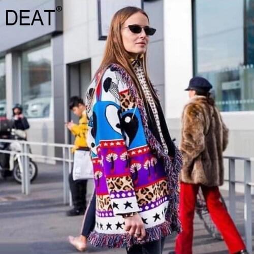 DEAT Cashmere Knit Cardigan Sweater Woman Tassel Leopard Geometric Pattern Full Sleeve Streetwear 2021 New Spring Autumn HT649