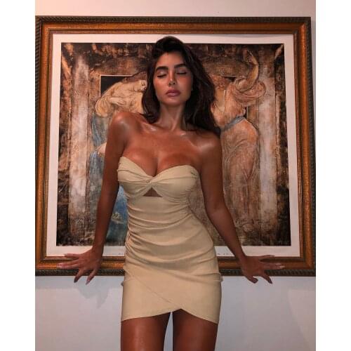 2020 New Arrival Nude Strapless Hollow Out Bodycon Bandage Dress Sexy Celebrity Elegant Party Dress Vintage Vestios Bandagem