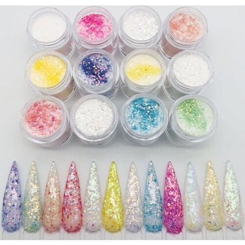 12Bottles/Set Acrylic Powder Crystal Glitter Powder For Making 3D Nail Tips Decoration Extension Builder Acrylic Dust Kit Tc#020
