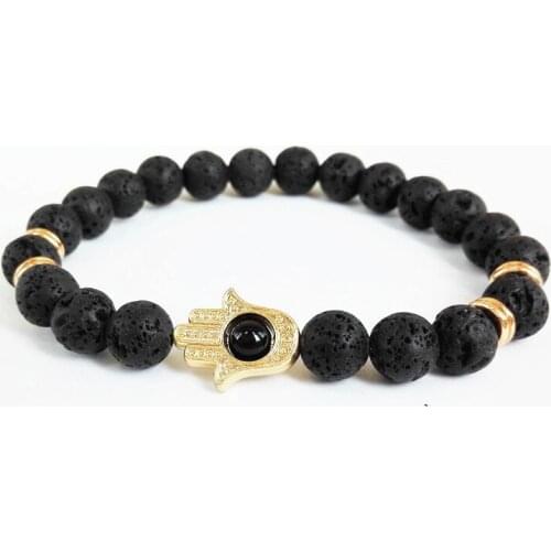 2017 Fashion Men Bracelet Jewelry 8mm Black Lava Energy Stone Beads Hamsa Hand Charm Bracelet Yoga Mala Bracelets