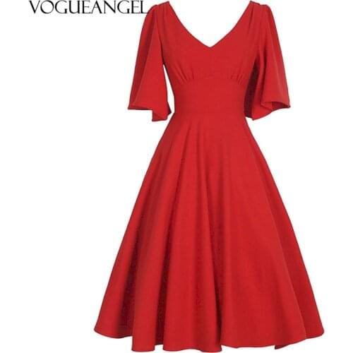 2021 Women Spring Summer Solid Midi Dress Casual Elegant V-Neck 50s Vintage Party Dress Retro Rockabilly Cocktail Vestidos Red