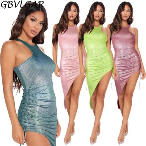 Asymmetric Glitter Sexy Sleeveless Bodycon Dress Birthday Outfits for Women O Neck Irregular Hem Party Club Dresses Summer 2021