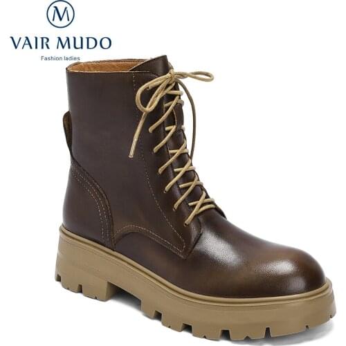VAIR MUDO Ankle Martin Boots Shoes Thick Bottom Round Toe Brown Platform Genuine Leather Concise Cool Style FootwearWM-X281-C
