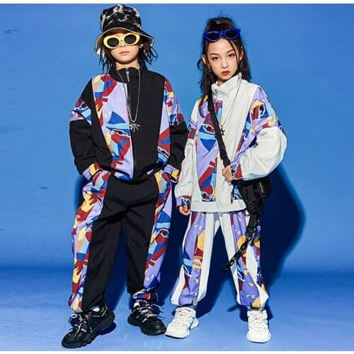 Childrens Hip Hop Dance Clothes Loose Sweater Jacket Color Stitching Hip Hop Pants Modern Street Dance Wear Stage Outfit BL5220