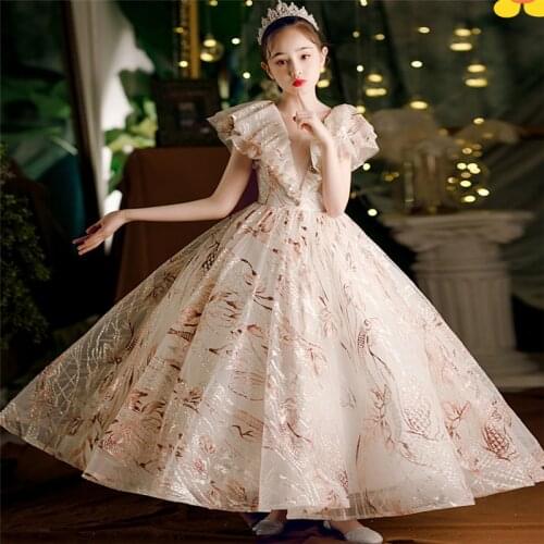 Children Girls High Quality Customizd Birthday Party Wedding Festivals Princess Prom Dress Model Show Catwalk Piano Host Dress