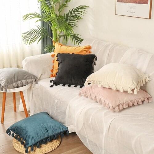 Hot Ins Velvet Solid Color Cushion Cover With Tassel Lace Pillow Cover Home Decor Throw Pillow Case 45*45cm Pink White Blue