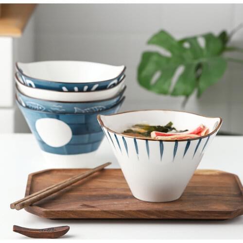Ceramic Handpainted Japanese Style Noodle Bowl, Double Ear Chopsticks, Rice Salad Soup Bowl, Household Japanese Style Ramen Bowl