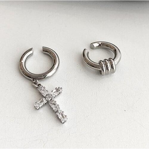 Kpop Silver Color Circle Cross Earcuff For Women Crystal Clip on Korean Earrings Fake Earing Faux Piercing Ear Cuff Clips Jewel