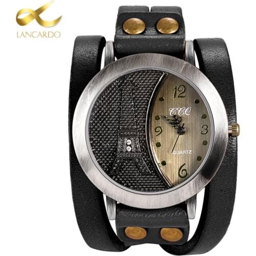 Lancardo Vintage Tower Women & Men Watch High Quality Leather Bracelet Watch Casual WristWatch Punk Style QuartzWatch