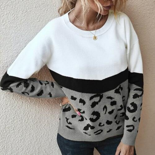 Fashion Leopard Patchwork Autumn Winter 2020 Ladies Knitted Sweater Women O-neck Full Sleeve Jumper Pullovers Top Khaki Brown