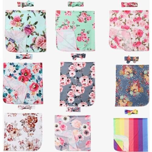 Newborn Infant Baby Girl Floral Cotton Muslin Swaddle Blanket Parisarc Wrap Swaddling Headband 2Pcs Clothes Costume Clothing