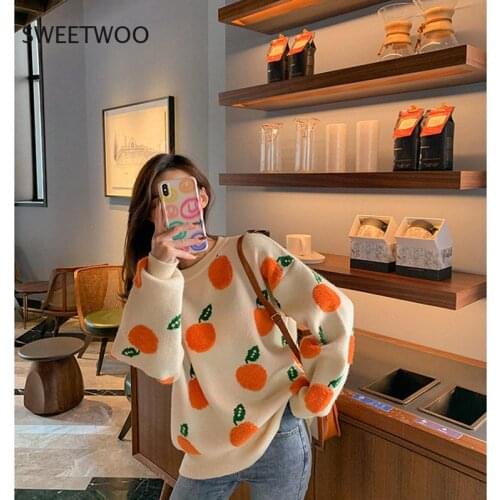 2021 Autumn Knitted Jumpers Sweater Women Kawaii Orange Embroidery Full Sleeve Sweaters Women Sweet Pullovers Female