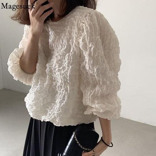 Simple O Neck Autumn Casual Womens Shirt Korean Pleated Long Sleeve Blouse Women Puff Sleeve Fashion Tops Female Blusas 16025